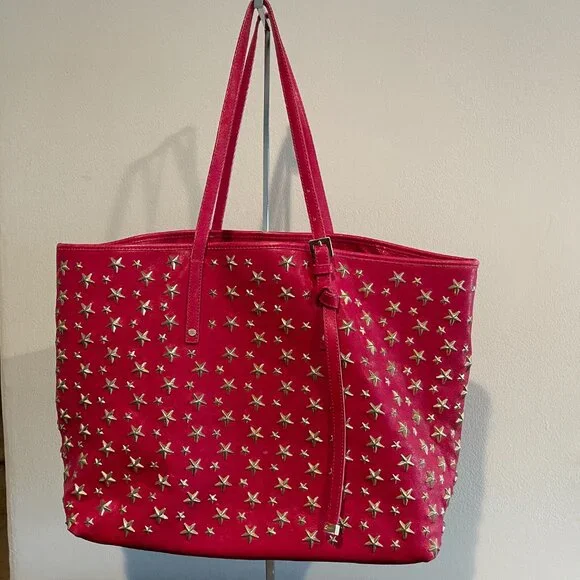 バッグ JIMMY CHOO SASHA JIMMY CHOO Metallic Calfskin Sasha Star Studded Tote Silver